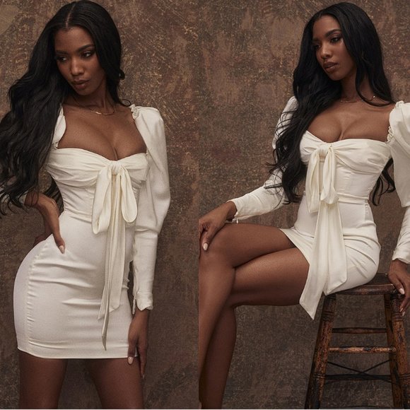 Rare House of CB 'Maia' Ivory Satin Mini Dress With Puf Sleeves